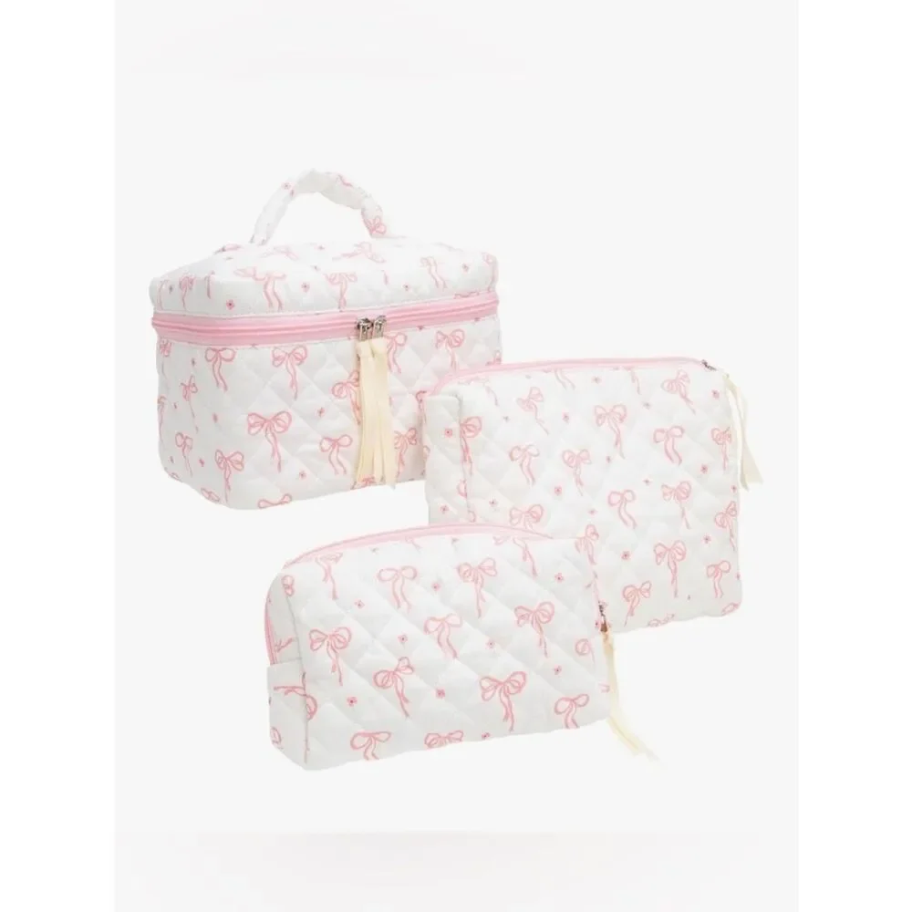 NEW Pink Bow Quilted Cosmetic Bag 3pc Set